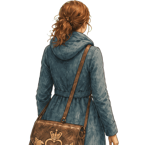 Molly Quinn, walking away in a teal coat with a Claddagh-emblem satchel